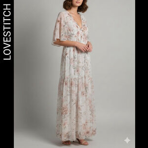 Lovestitch Babydoll Floral Maxi Dress S fairy fairycore whimsical gold shimmer